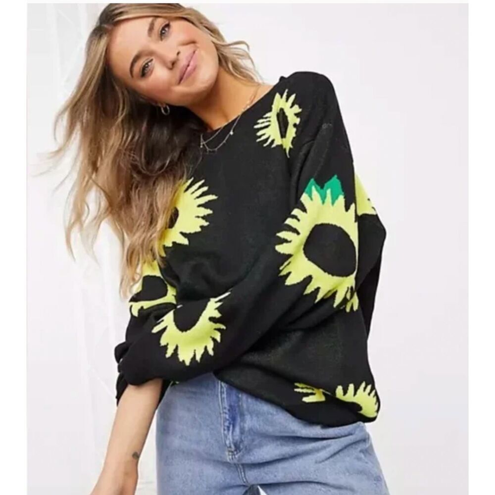 Sunflower Print Black Sweater